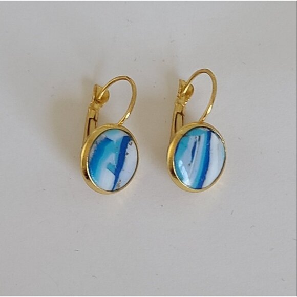 Hand Crafted Boho Gold Blue White Gemstone Marble Circle Drop Dangle Earrings - Picture 9 of 14